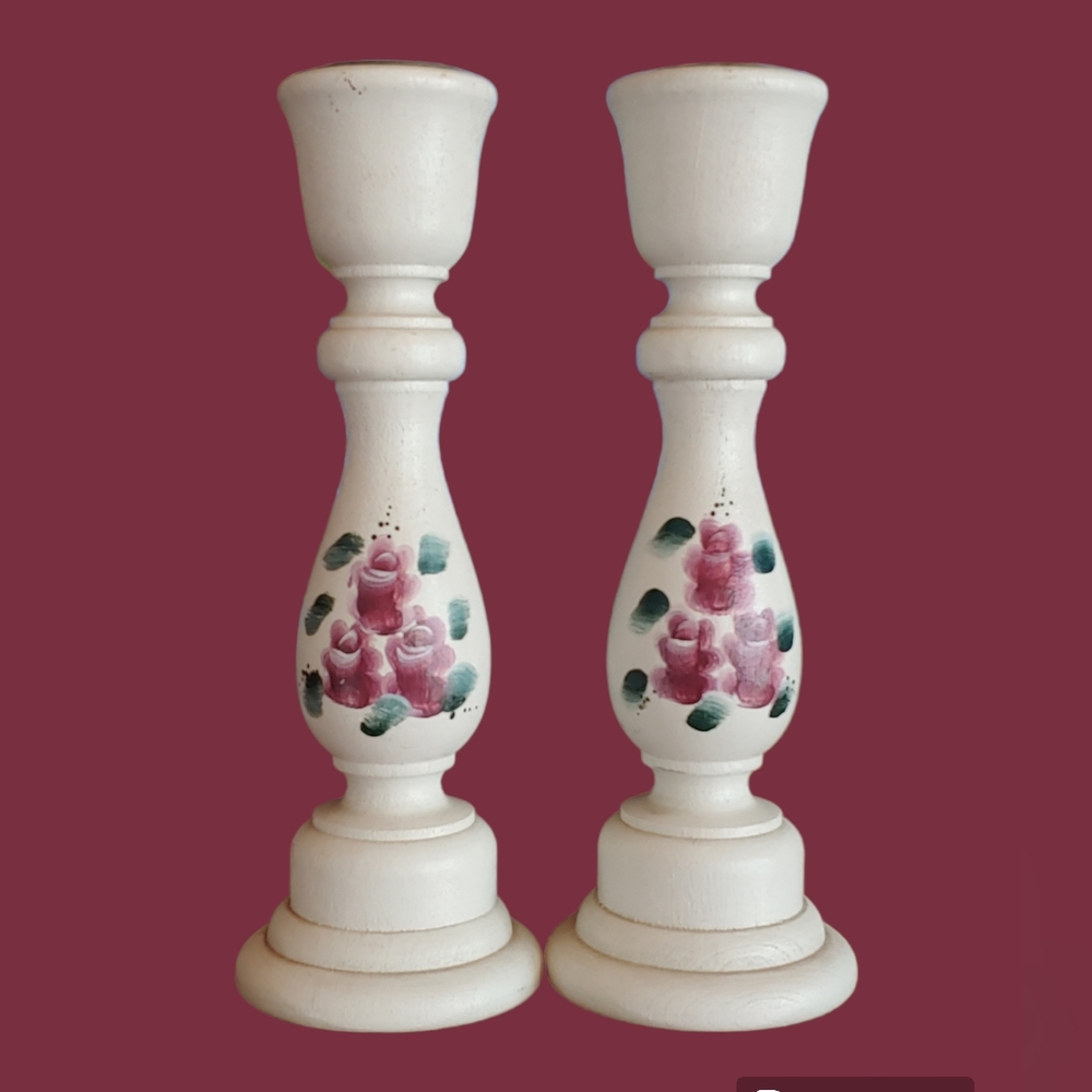 Wooden Shabby Chic Romantic Cottagecore Hand painted Candlestick Holders Floral